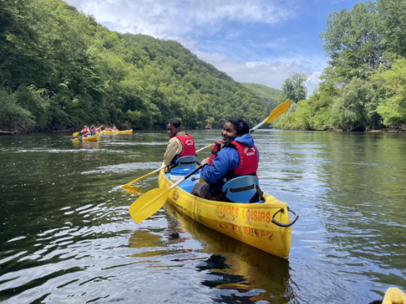 Calcea Johnson (right) kayaks during her study abroad experience in France.