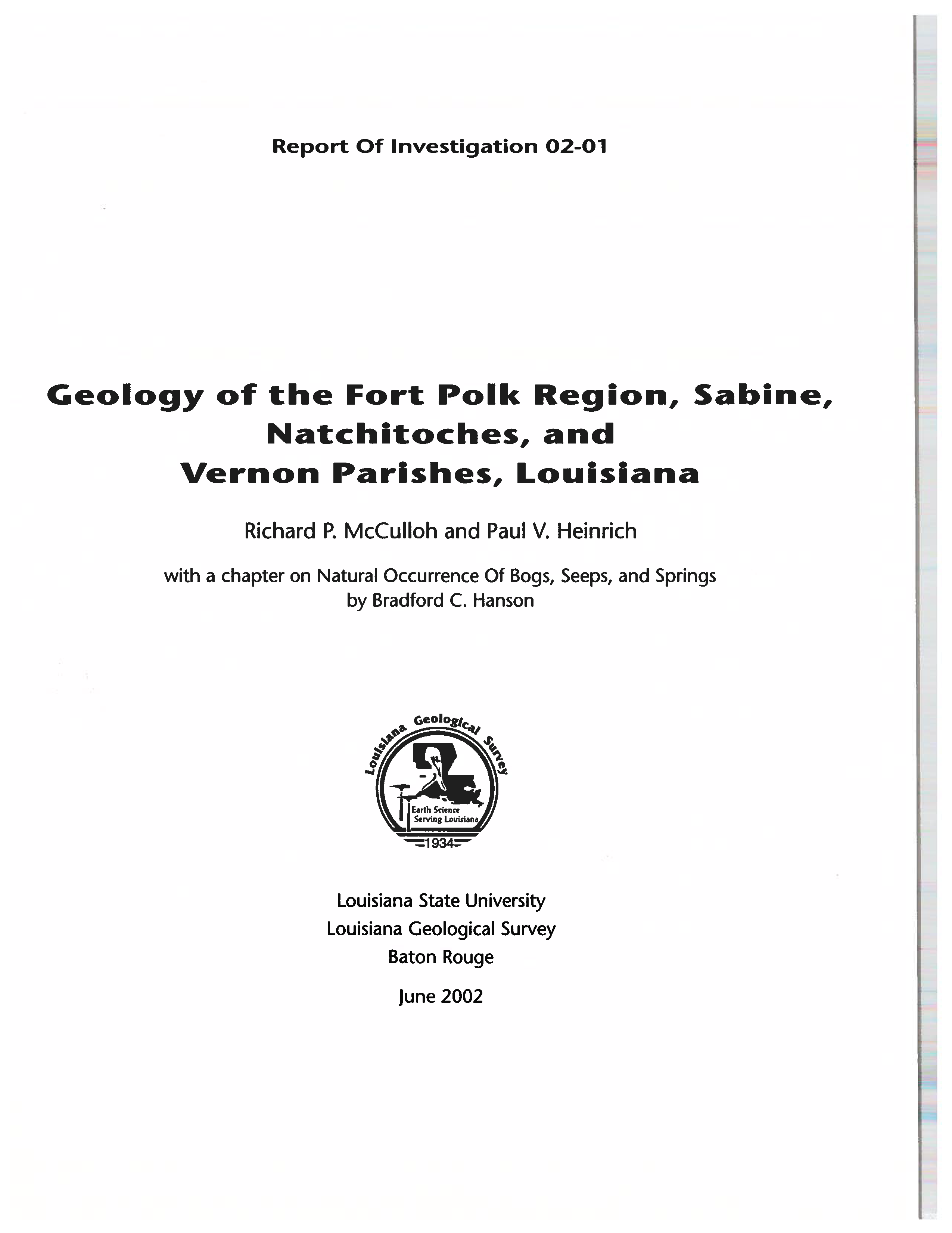 Geology of the Fort Polk Region, Sabine, Natchitoches, and Vernon Parishes, Louisiana Geology of the Fort Polk Region, Sabine, Natchitoches, and Vernon Parishes, Louisiana