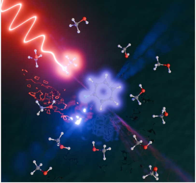 Artist's impression of high harmonic generation in a liquid solution of methanol and fluorobenzene.