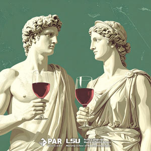 Two greek statues holding wine glasses. This is a promotional image for Civic Sips