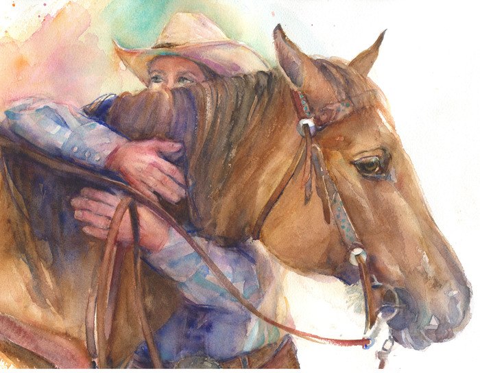 Inseparable cowboy hugging his horse around the neck